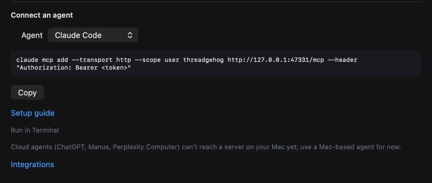 Connect an agent with Claude Code picked, showing the setup to copy