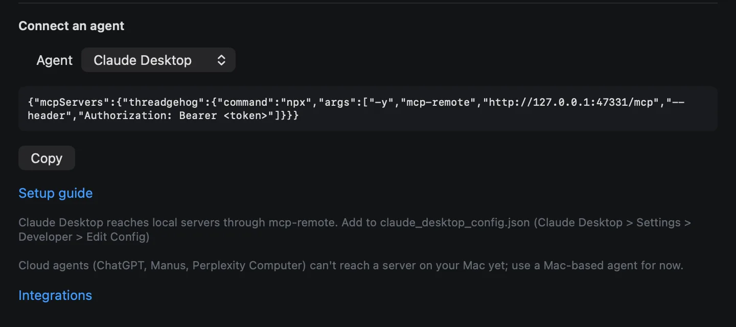 Connect an agent with Claude Desktop picked, showing the setup to copy
