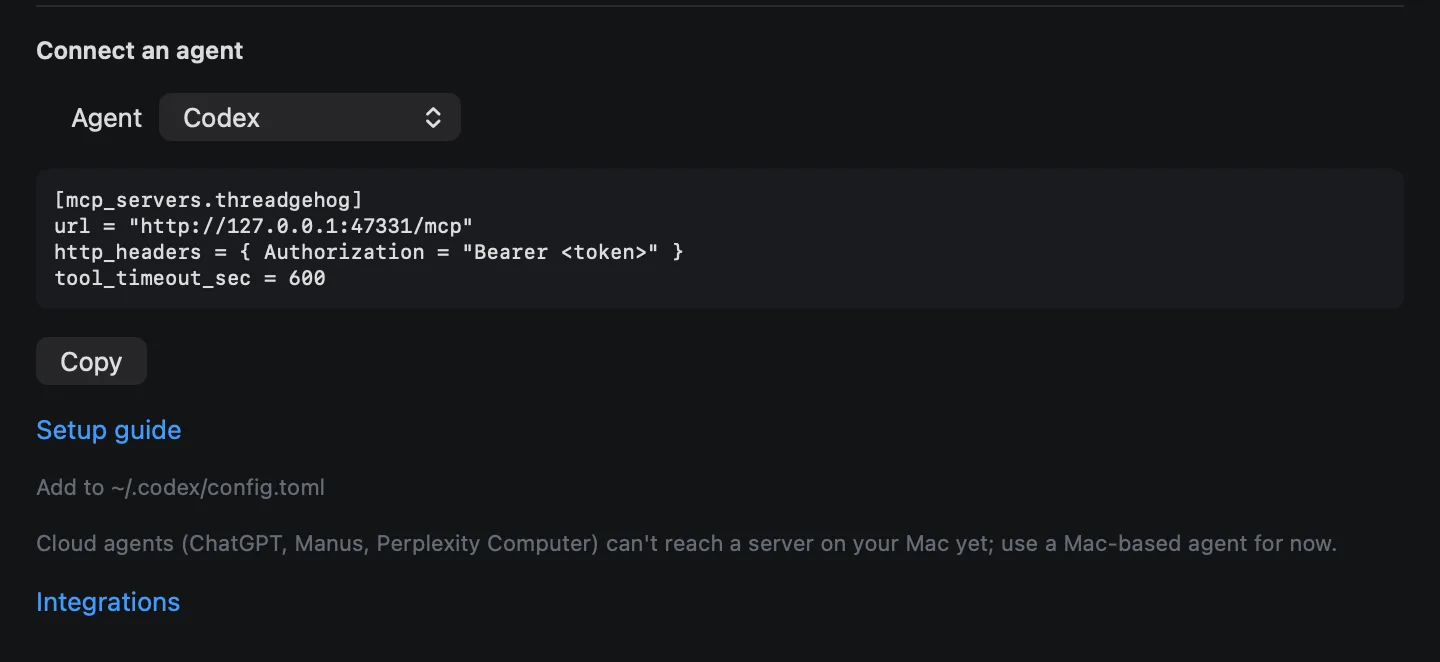 Connect an agent with Codex picked, showing the setup to copy