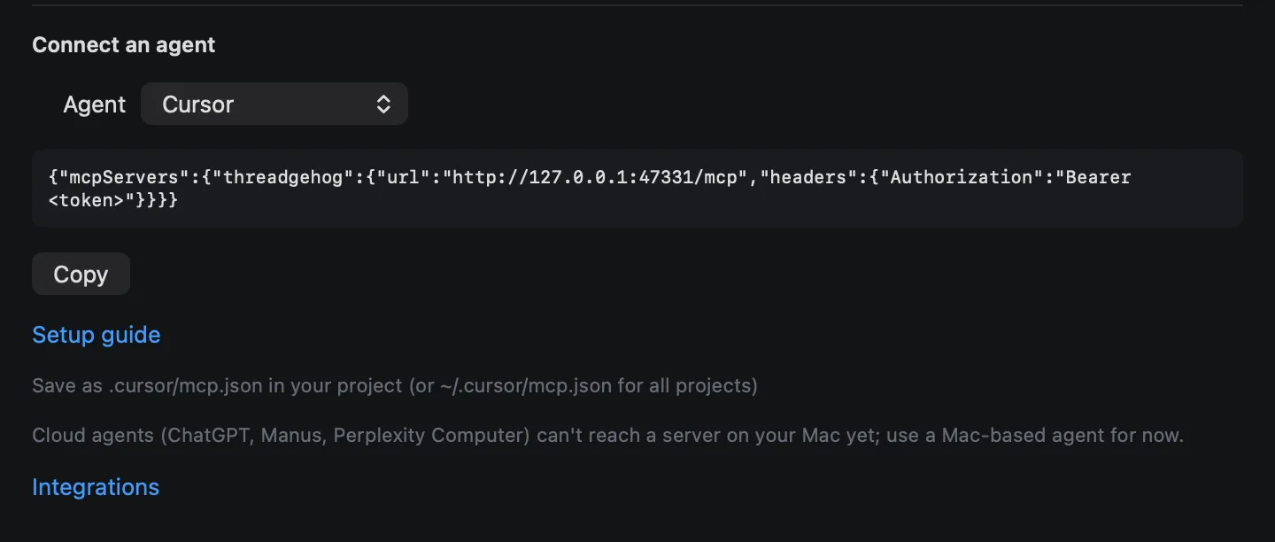 Connect an agent with Cursor picked, showing the setup to copy