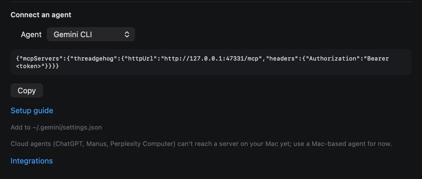 Connect an agent with Gemini CLI picked, showing the setup to copy