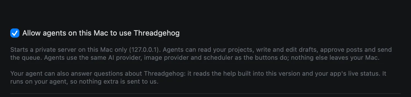 Settings, Agents tab, with Allow agents on this Mac to use Threadgehog turned on
