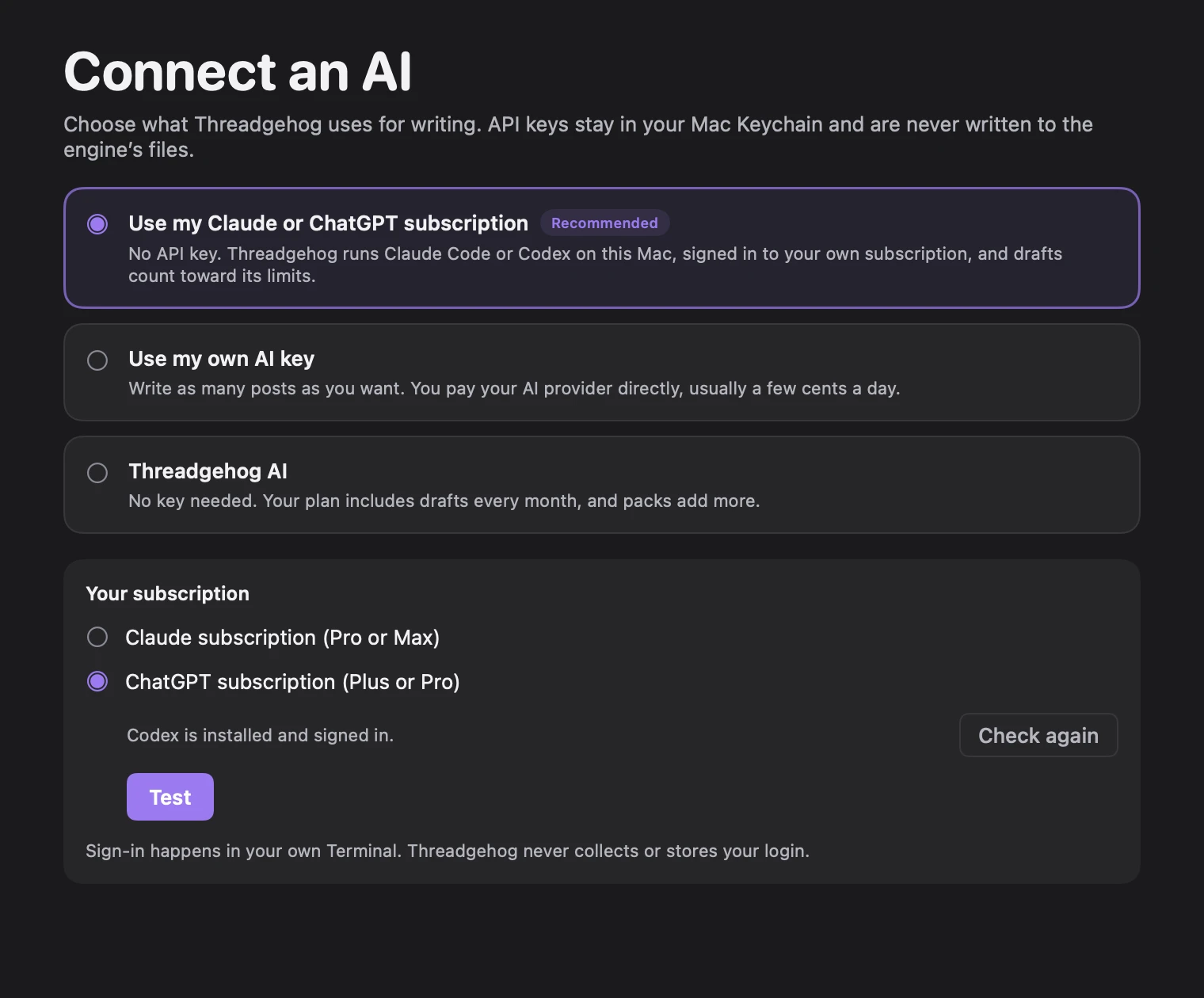 Connect an AI with Use my Claude or ChatGPT subscription selected and ChatGPT subscription (Plus or Pro) chosen: Codex is installed and signed in, with the Test button