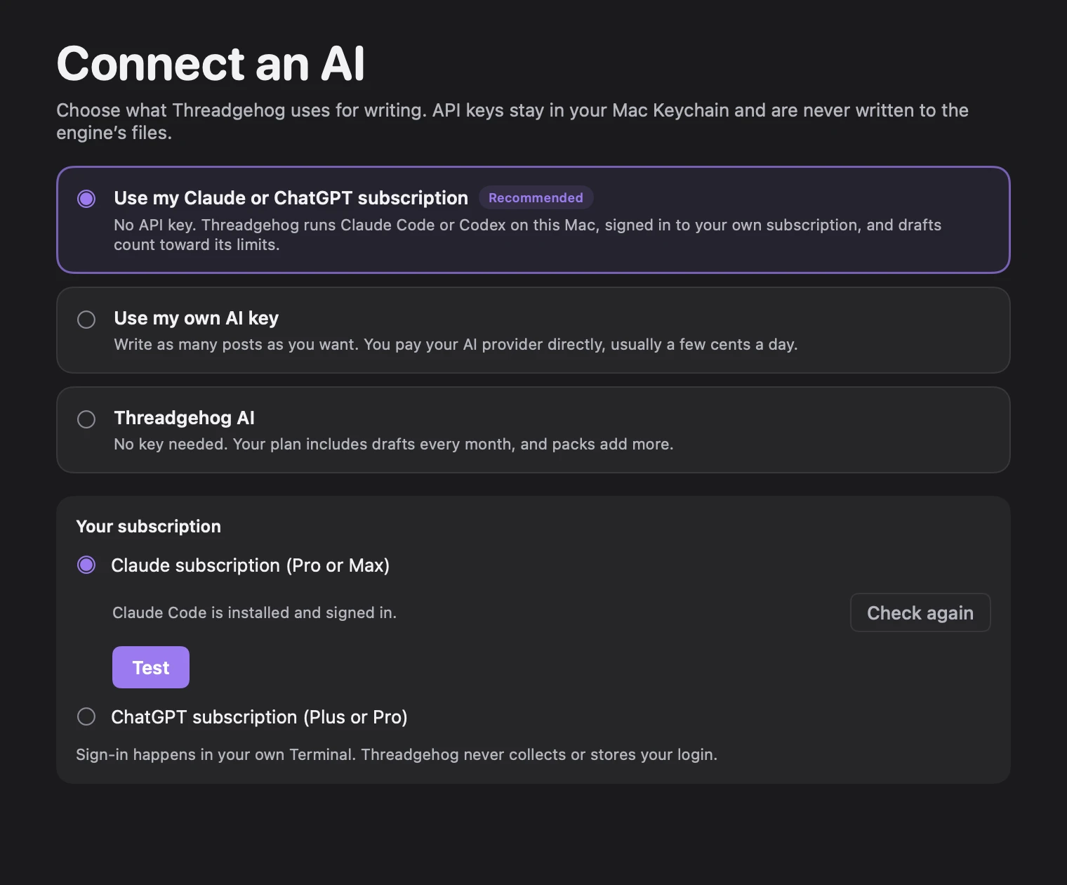 Connect an AI with Use my Claude or ChatGPT subscription selected and Claude subscription (Pro or Max) chosen: Claude Code is installed and signed in, with the Test button
