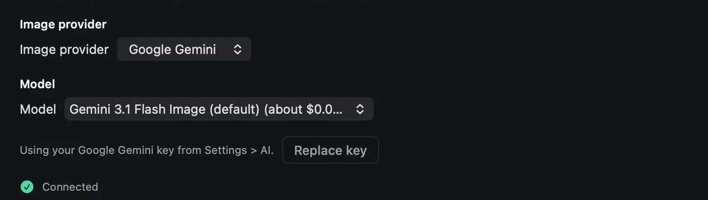 Settings, Images tab, with Google Gemini as the image provider and its default model
