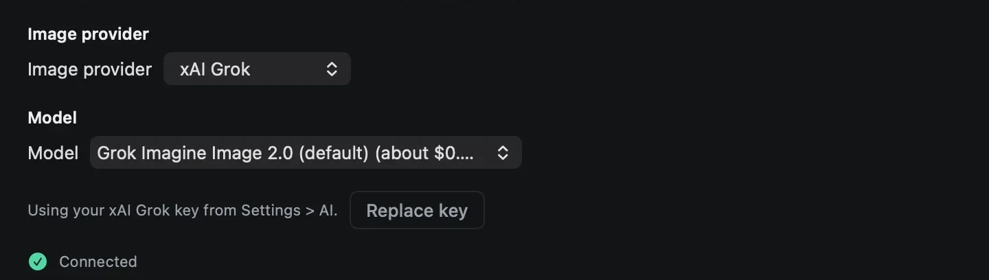 Settings, Images tab, with xAI Grok as the image provider and its default model