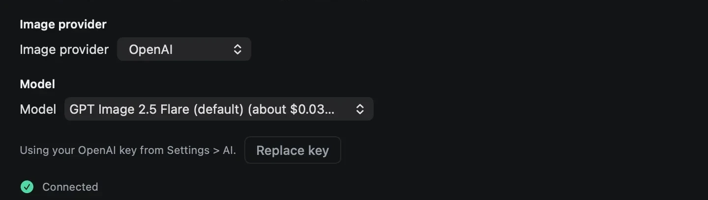 Settings, Images tab, with OpenAI as the image provider and its default model