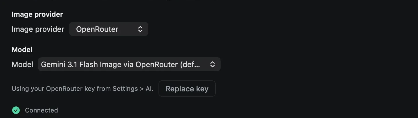 Settings, Images tab, with OpenRouter as the image provider and its default model