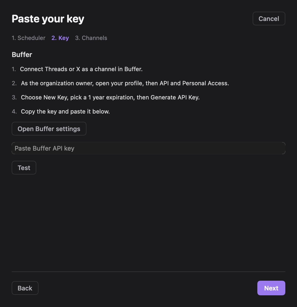 Paste your key, with Buffer's four setup steps, the Open Buffer settings button, the Paste Buffer API key field and Test
