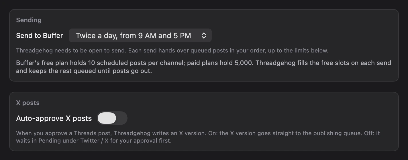 Settings, Publishing: Send to Buffer set to Twice a day, from 9 AM and 5 PM, with Buffer's plan limits, and the Auto-approve X posts switch