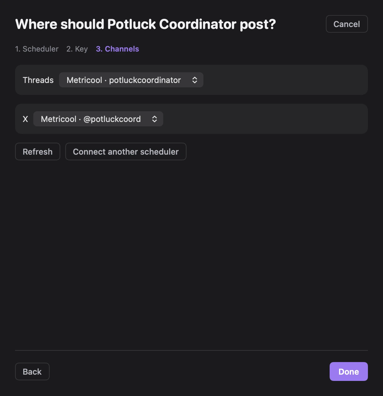 Where should Potluck Coordinator post?, with Threads set to Metricool · potluckcoordinator and X set to Metricool · @potluckcoord, and the Done button