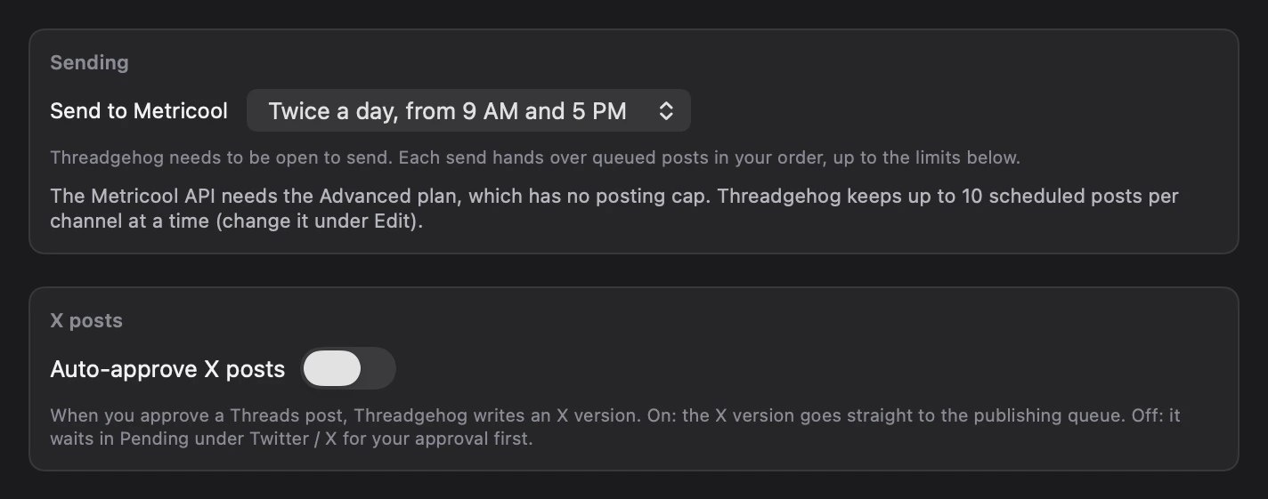 Settings, Publishing: Send to Metricool set to Twice a day, from 9 AM and 5 PM, with the scheduled-posts limit, and the Auto-approve X posts switch
