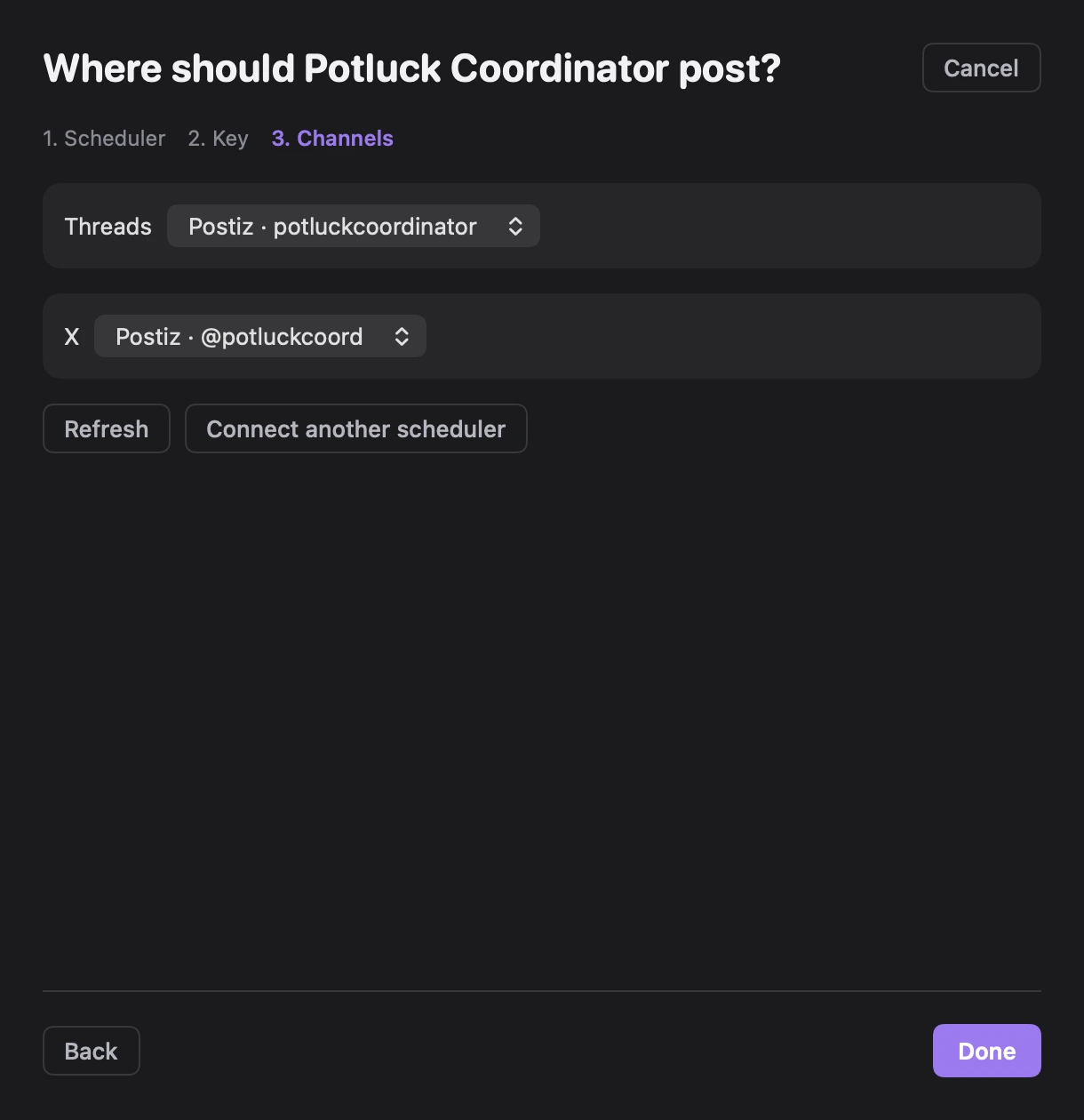 Where should Potluck Coordinator post?, with Threads set to Postiz · potluckcoordinator and X set to Postiz · @potluckcoord, and the Done button