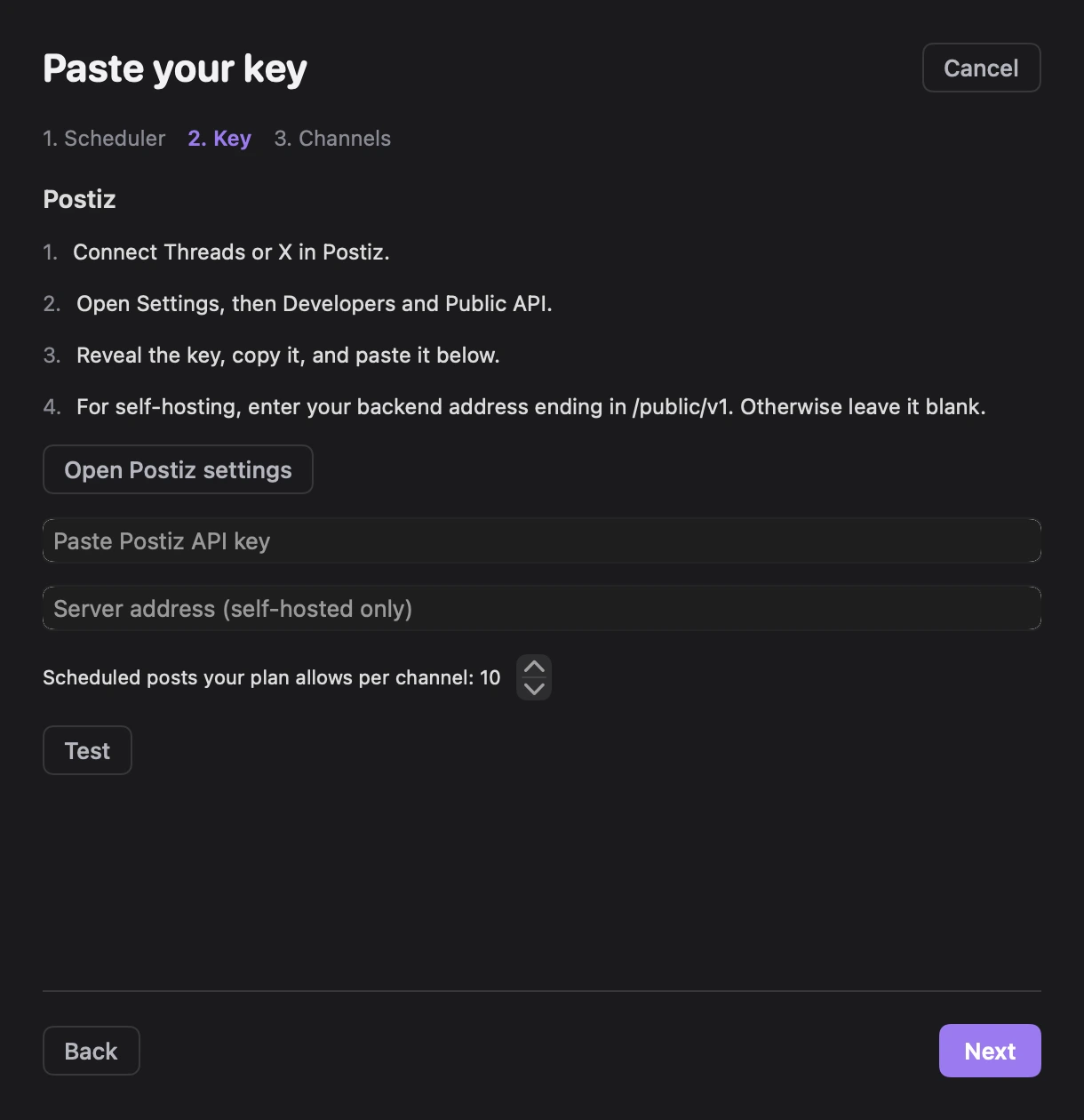 Paste your key, with Postiz's four setup steps, the Paste Postiz API key and Server address (self-hosted only) fields, Scheduled posts your plan allows per channel: 10, and Test