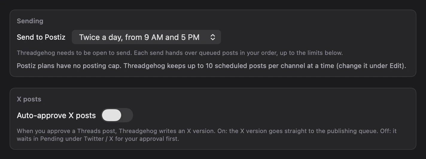 Settings, Publishing: Send to Postiz set to Twice a day, from 9 AM and 5 PM, with Postiz's no-cap note, and the Auto-approve X posts switch