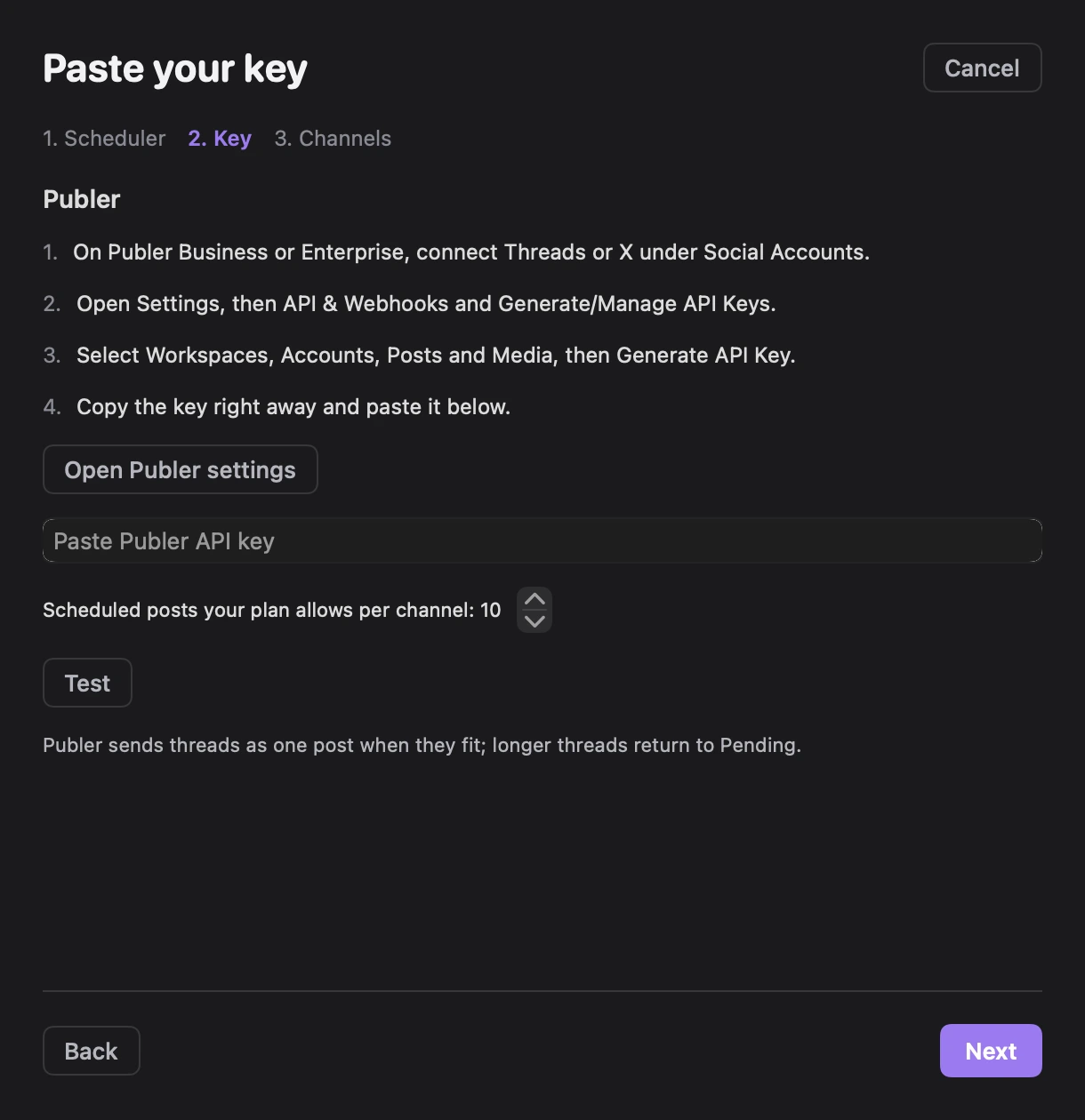Paste your key, with Publer's four setup steps, the Paste Publer API key field, Scheduled posts your plan allows per channel: 10, Test, and the note that Publer sends threads as one post when they fit