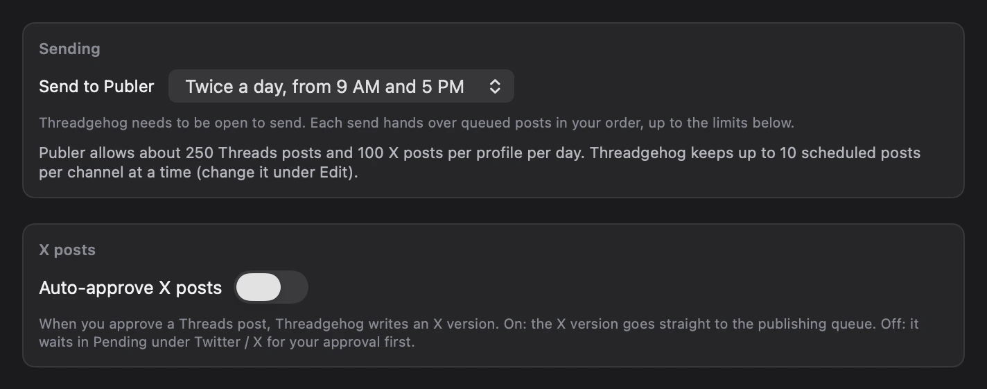 Settings, Publishing: Send to Publer set to Twice a day, from 9 AM and 5 PM, with Publer's daily limits, and the Auto-approve X posts switch