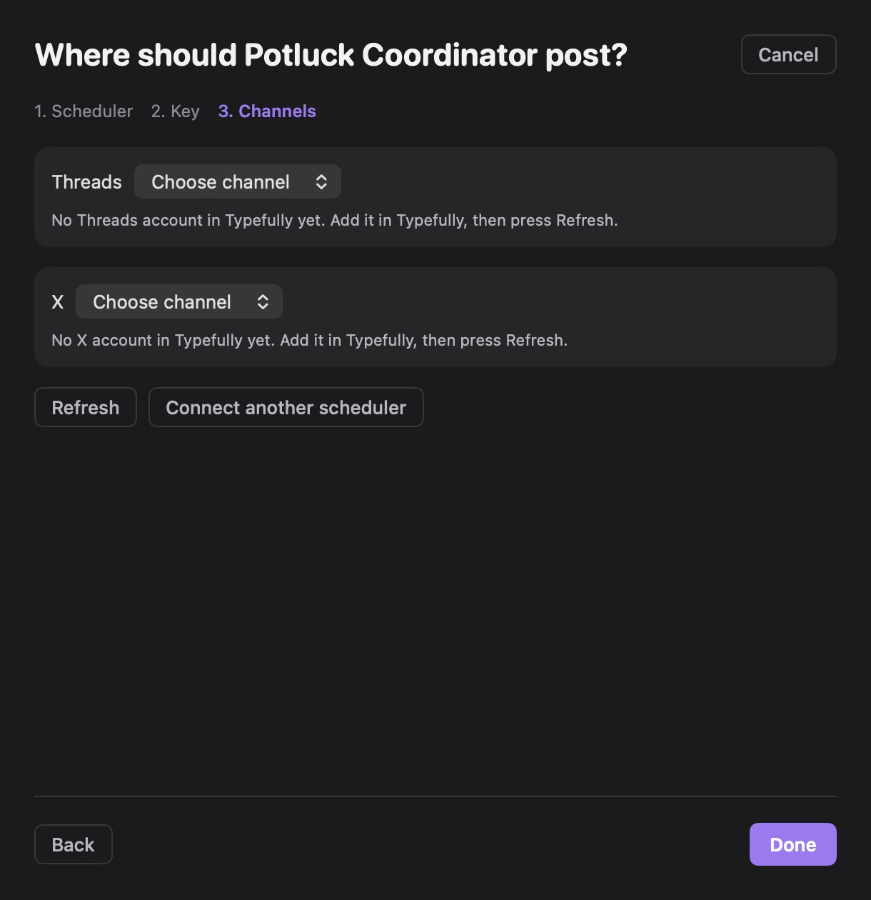 Where should Potluck Coordinator post? with no accounts yet: No Threads account in Typefully yet. Add it in Typefully, then press Refresh