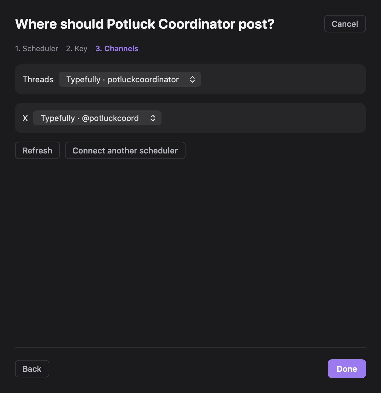 Where should Potluck Coordinator post?, with Threads set to Typefully · potluckcoordinator and X set to Typefully · @potluckcoord, and the Done button