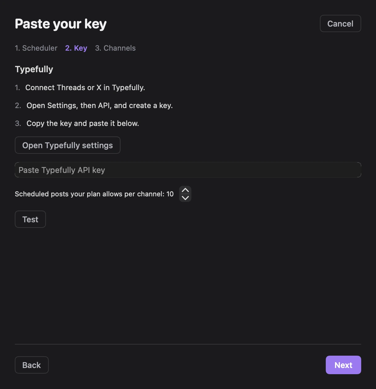 Paste your key, with Typefully's setup steps, the Paste Typefully API key field, Scheduled posts your plan allows per channel: 10, and Test