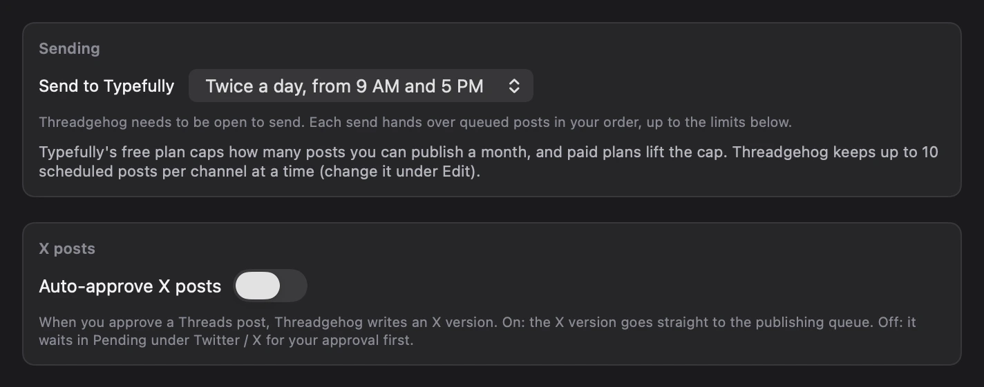 Settings, Publishing: Send to Typefully set to Twice a day, from 9 AM and 5 PM, with the scheduled-posts limit, and the Auto-approve X posts switch