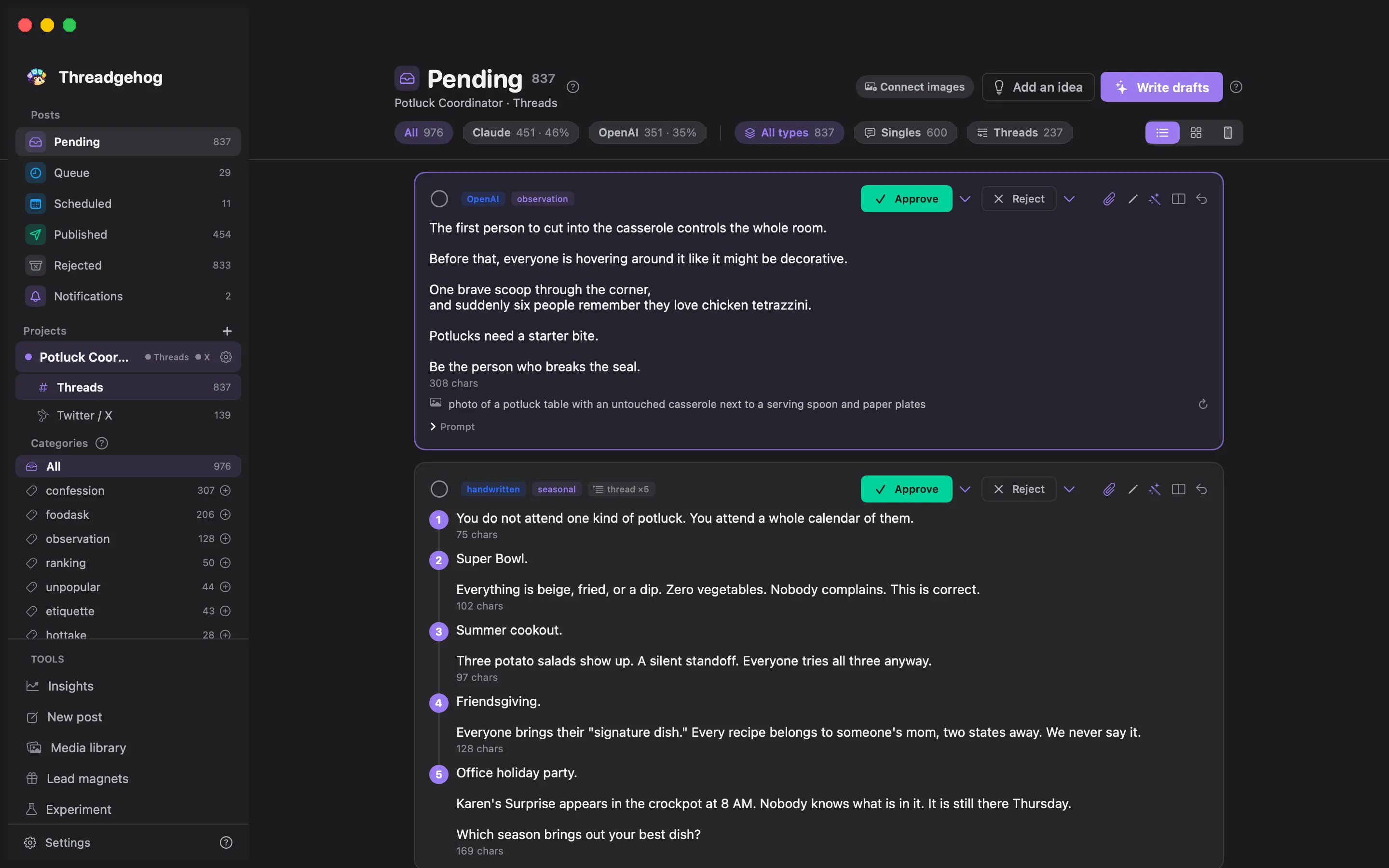 The Threadgehog main window: projects and categories in the sidebar, the Pending list of drafts with Approve and Reject, and tabs for Queue, Scheduled, Published and Rejected.