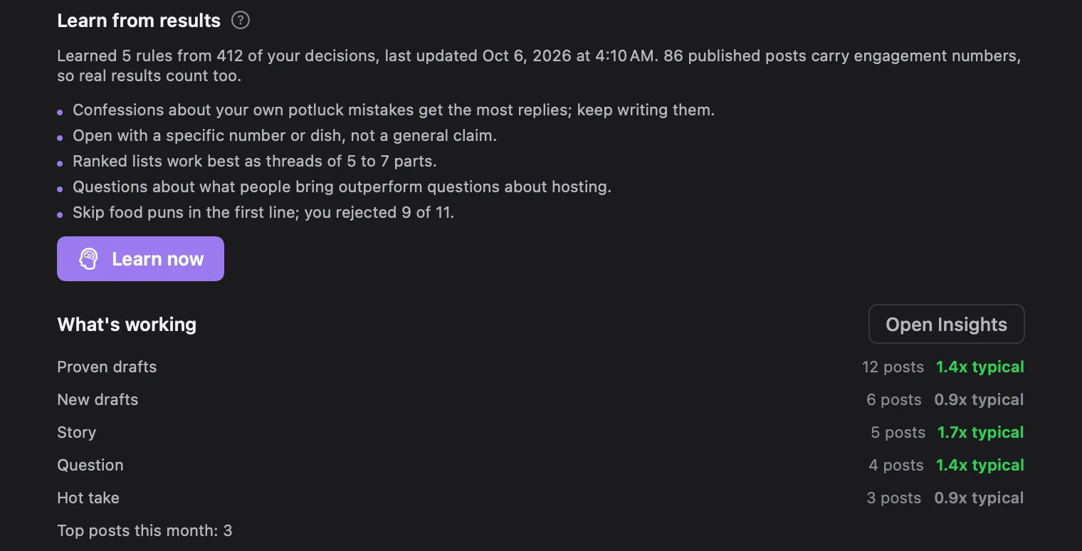 Threadgehog Settings, Learning: rules learned from approvals, rejections and post numbers, the Learn now button, and What's working comparing proven and new drafts with the typical post.