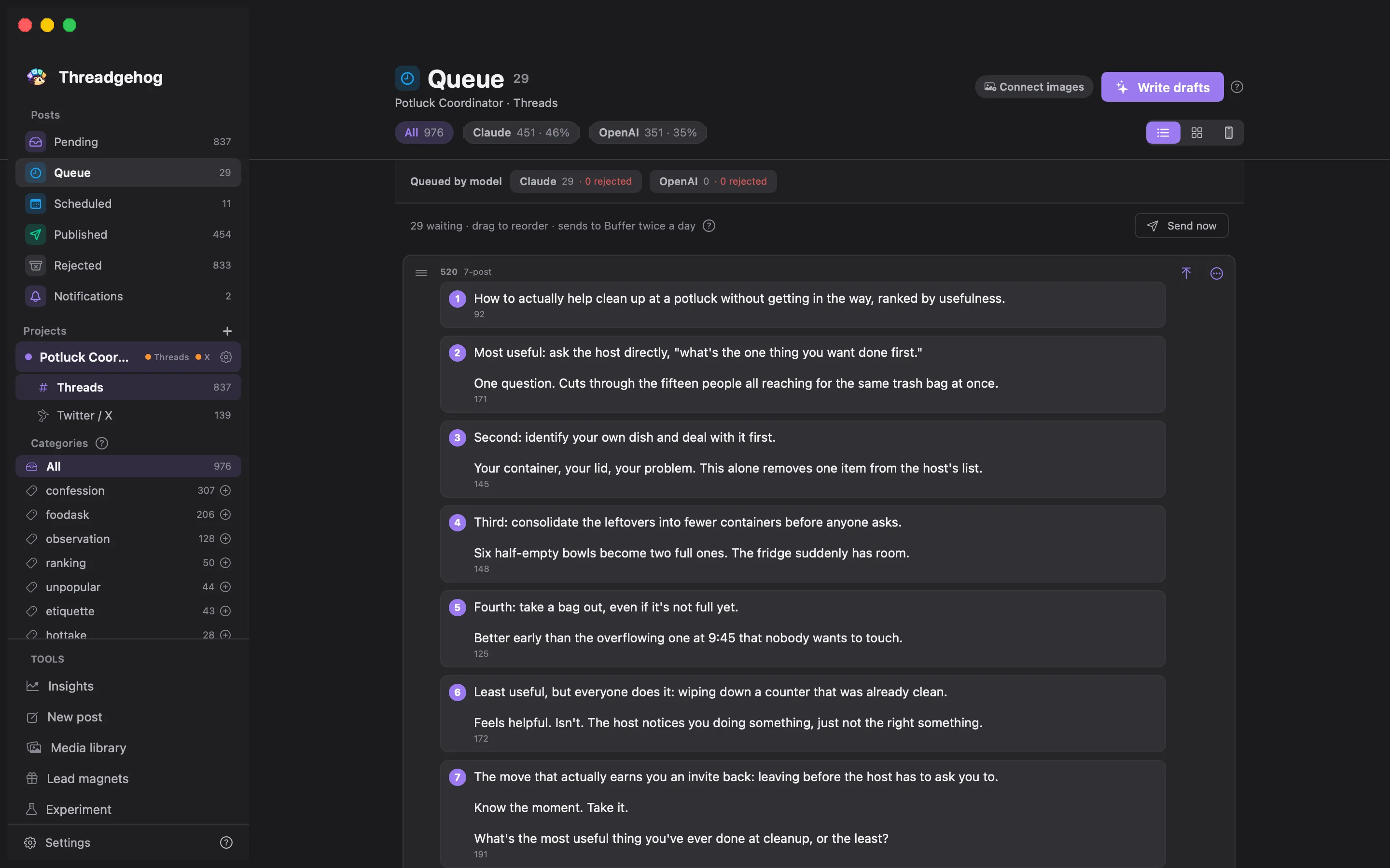 The Threadgehog Queue: 29 approved posts waiting in order, sent to Buffer twice a day, with Send now.
